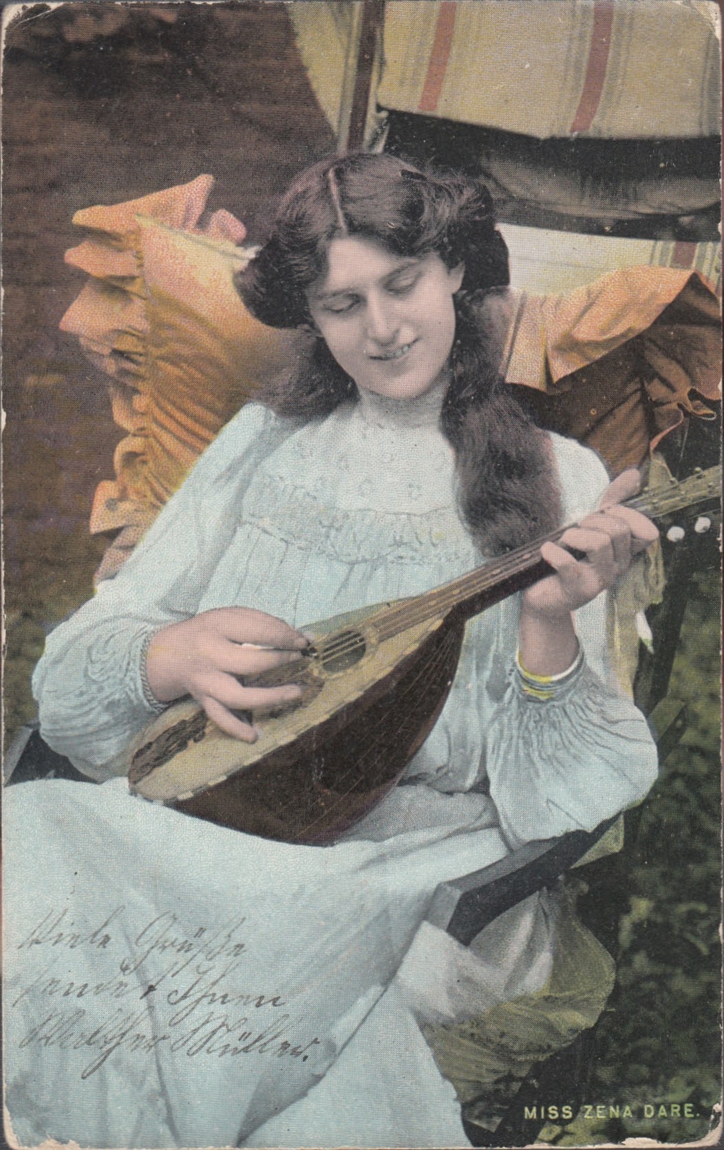 Miss Zena Dare with mandolin - vintage postcard